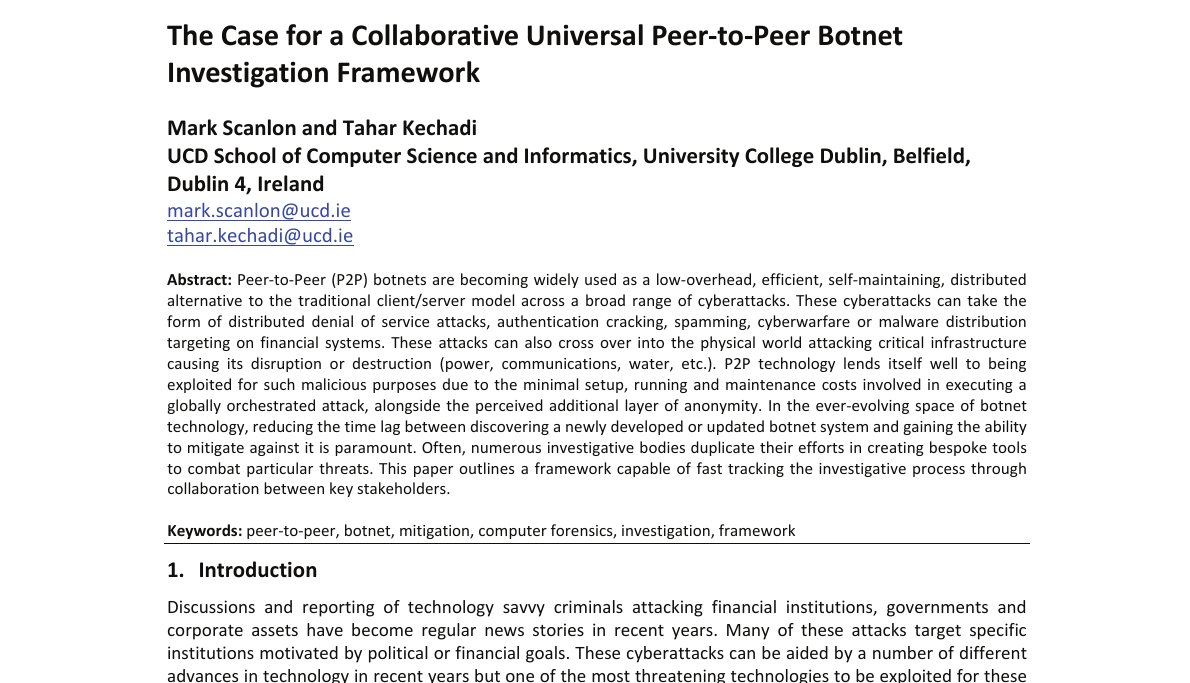 Top of the first page of The Case for a Collaborative Universal Peer-to-Peer Botnet Investigation Framework