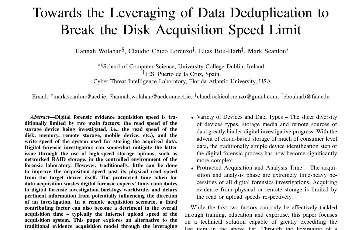 Top of the first page of Towards the Leveraging of Data Deduplication to Break the Disk Acquisition Speed Limit