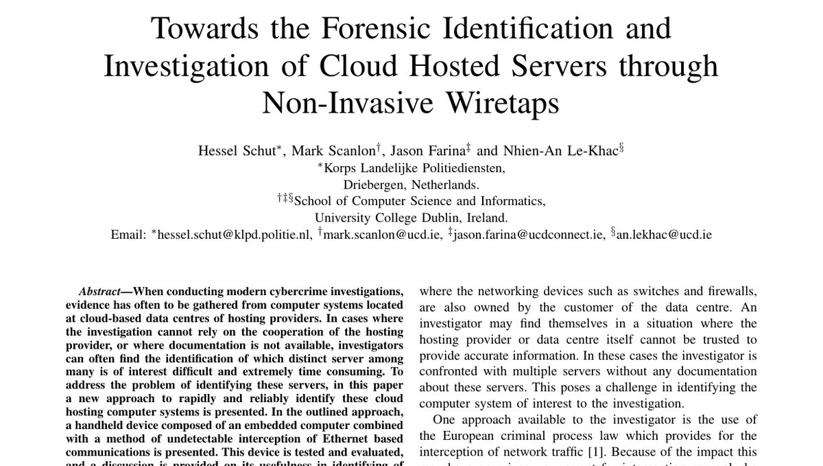 Top of the first page of Towards the Forensic Identification and Investigation of Cloud Hosted Servers through Noninvasive Wiretaps