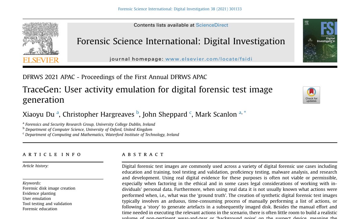 Top of the first page of TraceGen: User Activity Emulation for Digital Forensic Test Image Generation