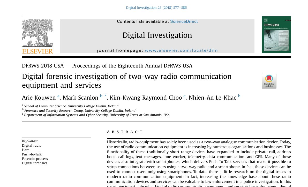 Top of the first page of Digital Forensic Investigation of Two-Way Radio Communication Equipment and Services