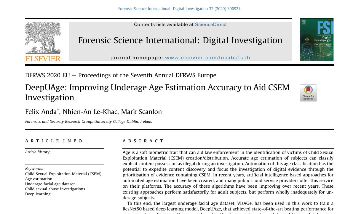 Top of the first page of DeepUAge: Improving Underage Age Estimation Accuracy to Aid CSEM Investigation