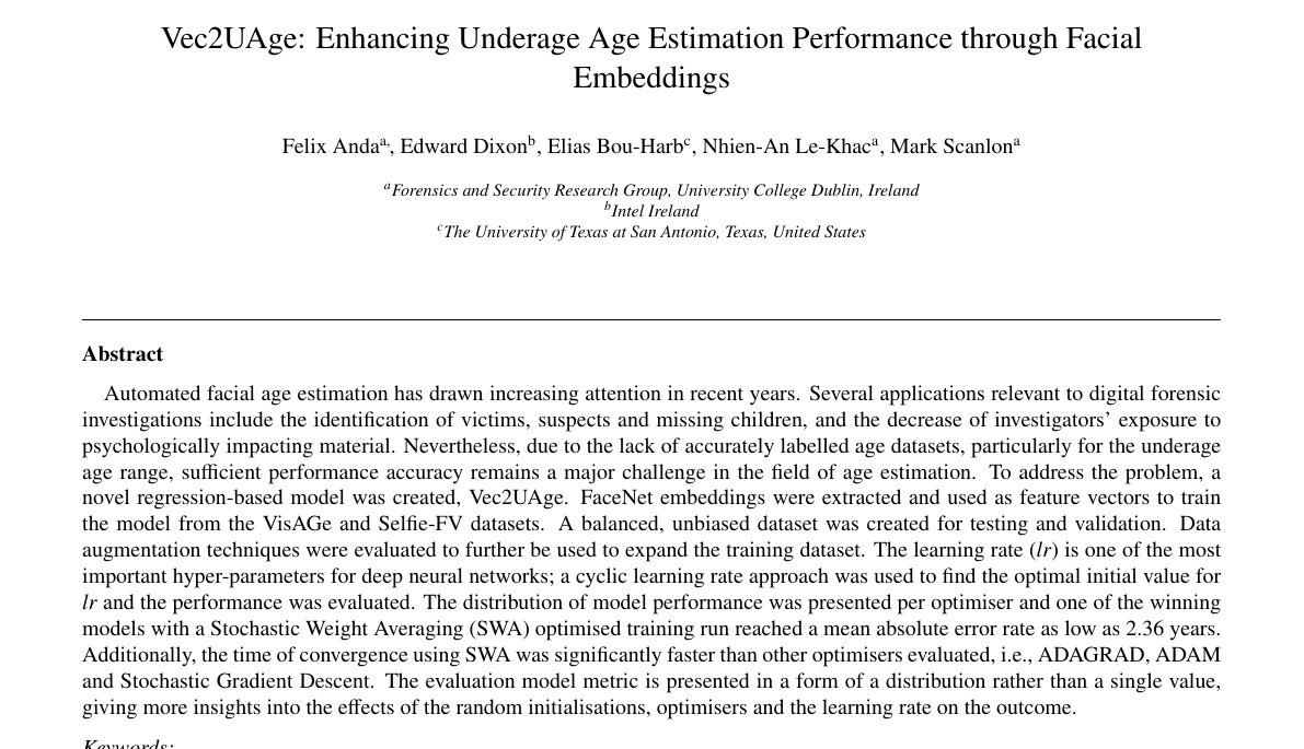 Top of the first page of Vec2UAge: Enhancing Underage Age Estimation Performance through Facial Embeddings