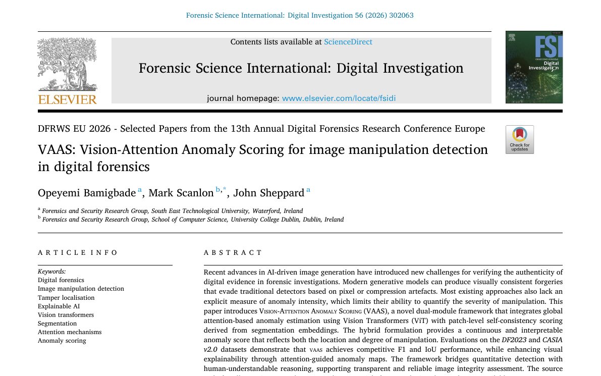 Top of the first page of VAAS: Vision-Attention Anomaly Scoring for image manipulation detection in digital forensics