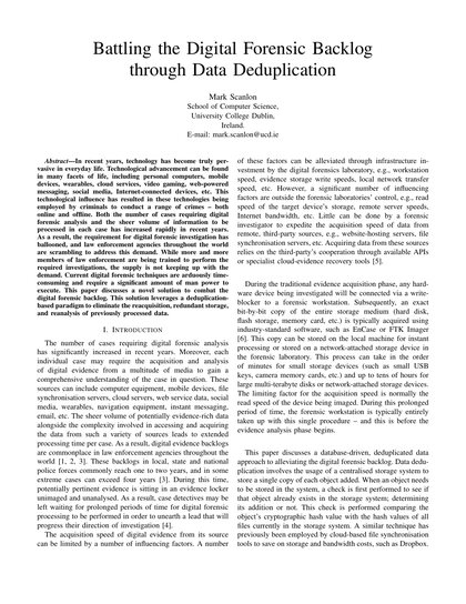First-page preview of Battling the Digital Forensic Backlog through Data Deduplication