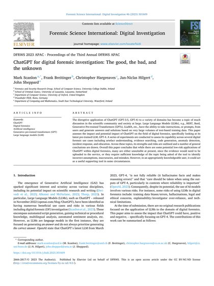 First-page preview of ChatGPT for digital forensic investigation: The good, the bad, and the unknown